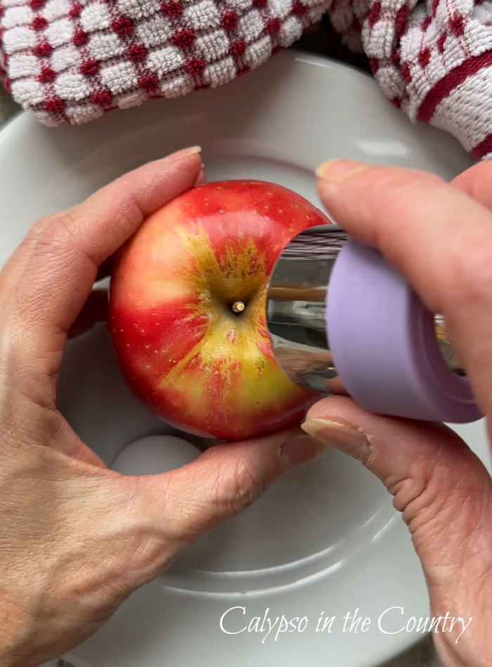 Hands holding apple and round cookie cutter